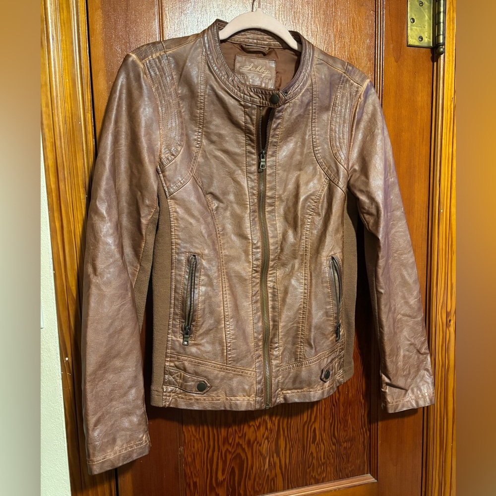 SEBBY Brown Faux Leather Moto Jacket Womens Size Small - Picture 1 of 7